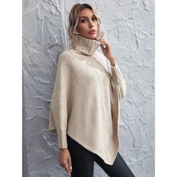 Turtleneck Asymmetrical Hem Poncho Sweater tan boho - Picture 4 of 5